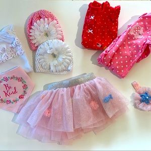Baby Girl Newborn Hat, Tutu, Bib, Romper, Bundle